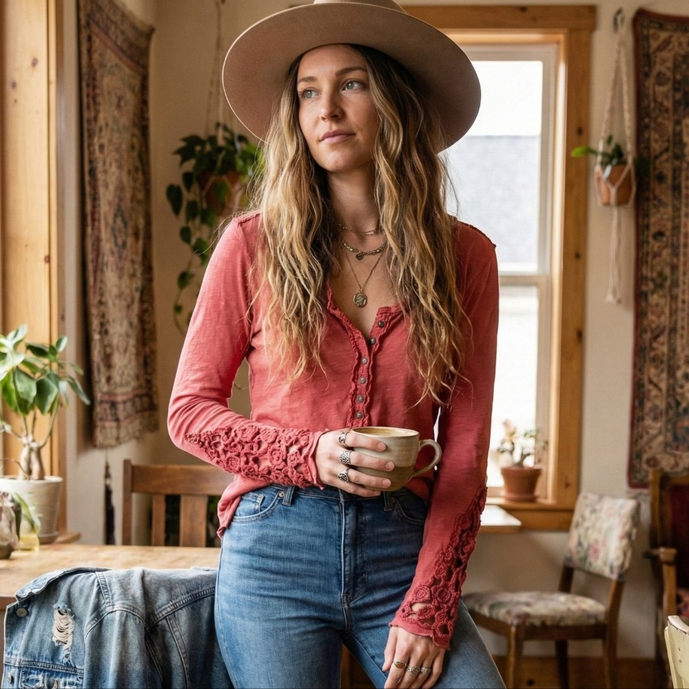 Free People Long Sleeve Crochet Trim Henley Top in Dusty Rose